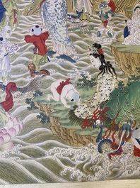 Chinese school, ink and color on canvas: 'Mountainous landscape with goddesses, mythical animals and boys', 19/20th C.